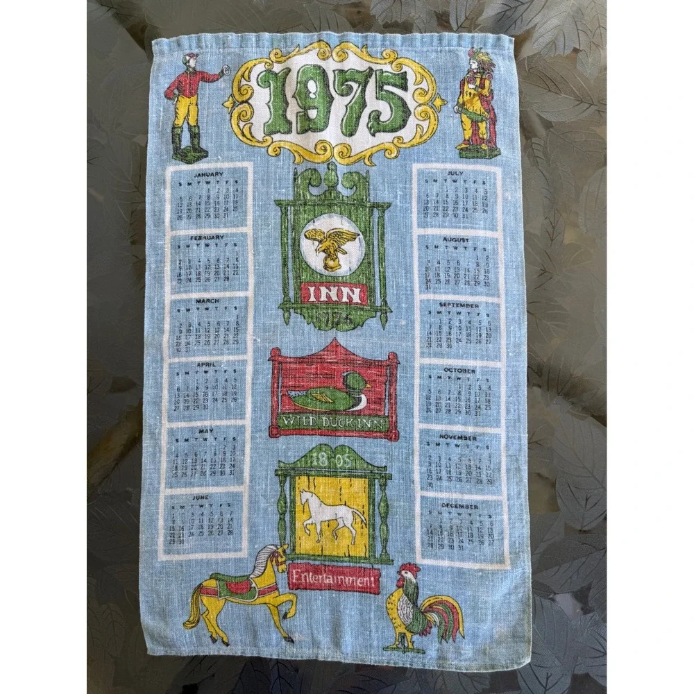 Vintage 1975 Calendar Linen Tea Towel Blue Yellow Inn Signs Wall Hanging